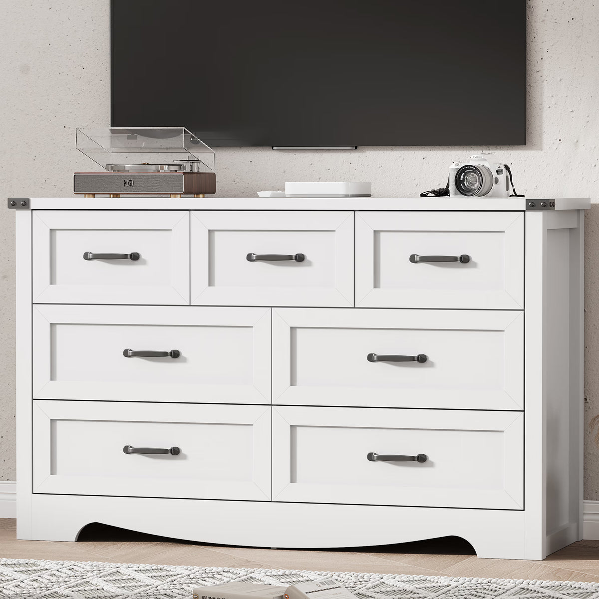 Anymaple Marlow Collection White 7-drawer wide dresser with deep storage drawers and black metal handles, TV stand room view