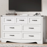 Anymaple Marlow Collection White 7-drawer wide dresser with deep storage drawers and black metal handles, TV stand room view