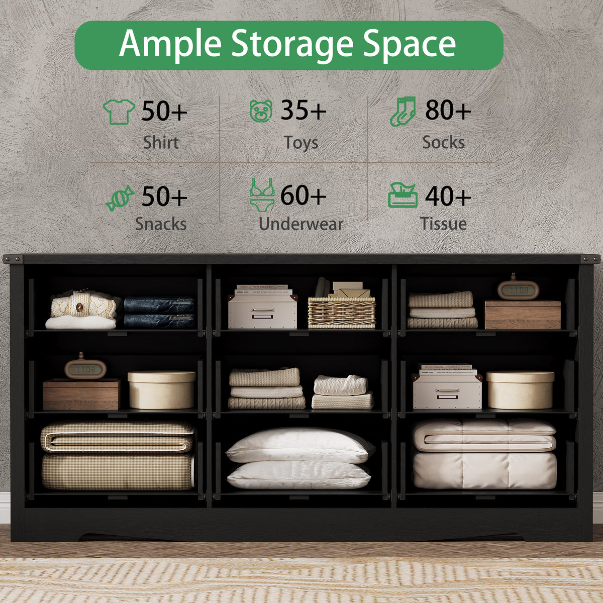 Anymaple Marlow Collection Black 9-drawer wide dresser with deep storage drawers and black metal handles, ample storage space