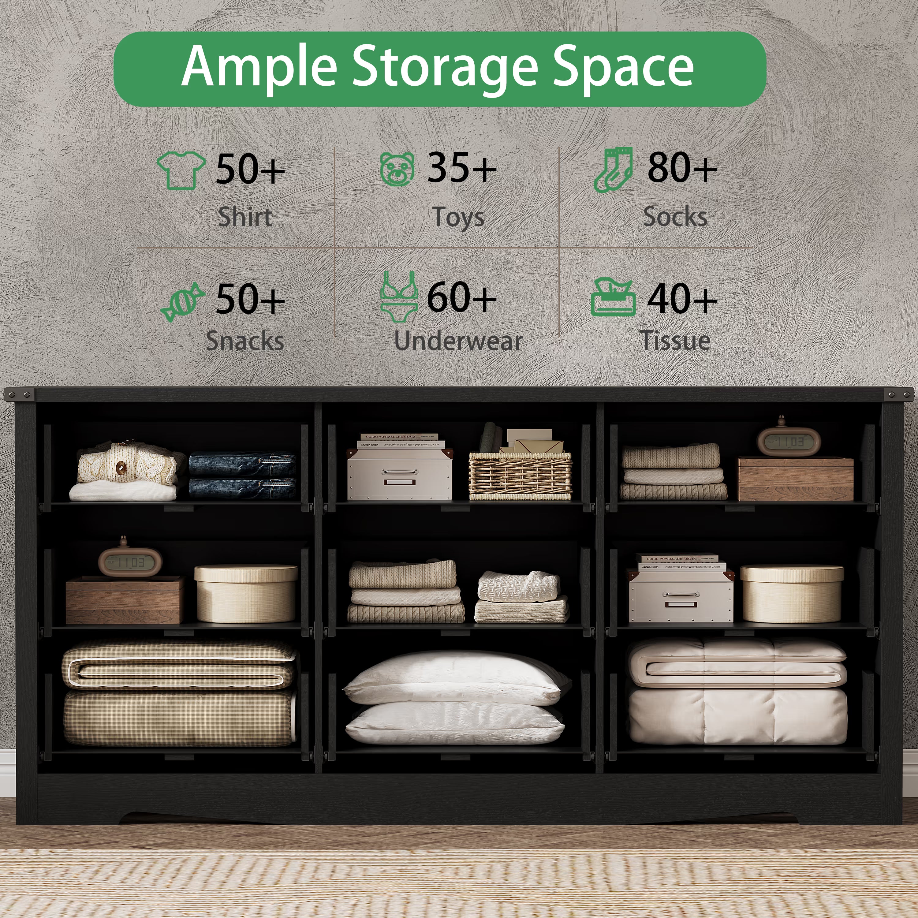 Anymaple Marlow Collection Black 9-drawer wide dresser with deep storage drawers and black metal handles, ample storage space