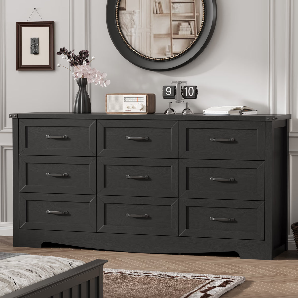 Anymaple Marlow Collection Black 9-drawer wide dresser with deep storage drawers and black metal handles, bedroom main view