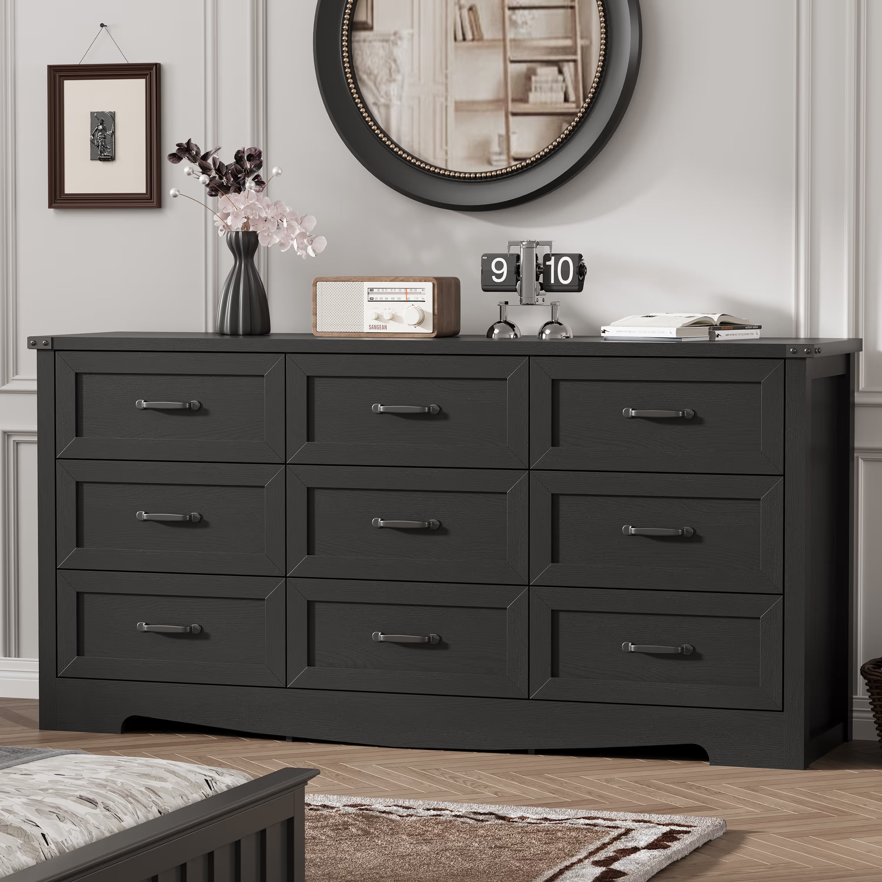 Anymaple Marlow Collection Black 9-drawer wide dresser with deep storage drawers and black metal handles, bedroom main view