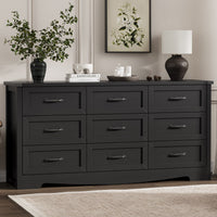 Anymaple Marlow Collection Black 9-drawer wide dresser with deep storage drawers and black metal handles, front storage view