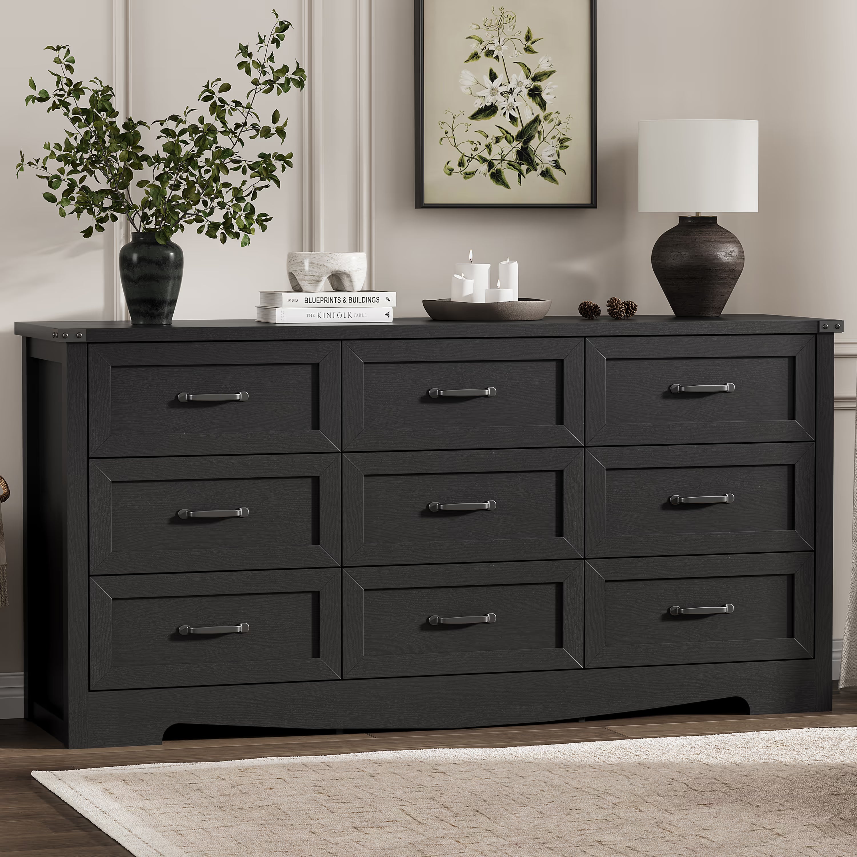Anymaple Marlow Collection Black 9-drawer wide dresser with deep storage drawers and black metal handles, front storage view
