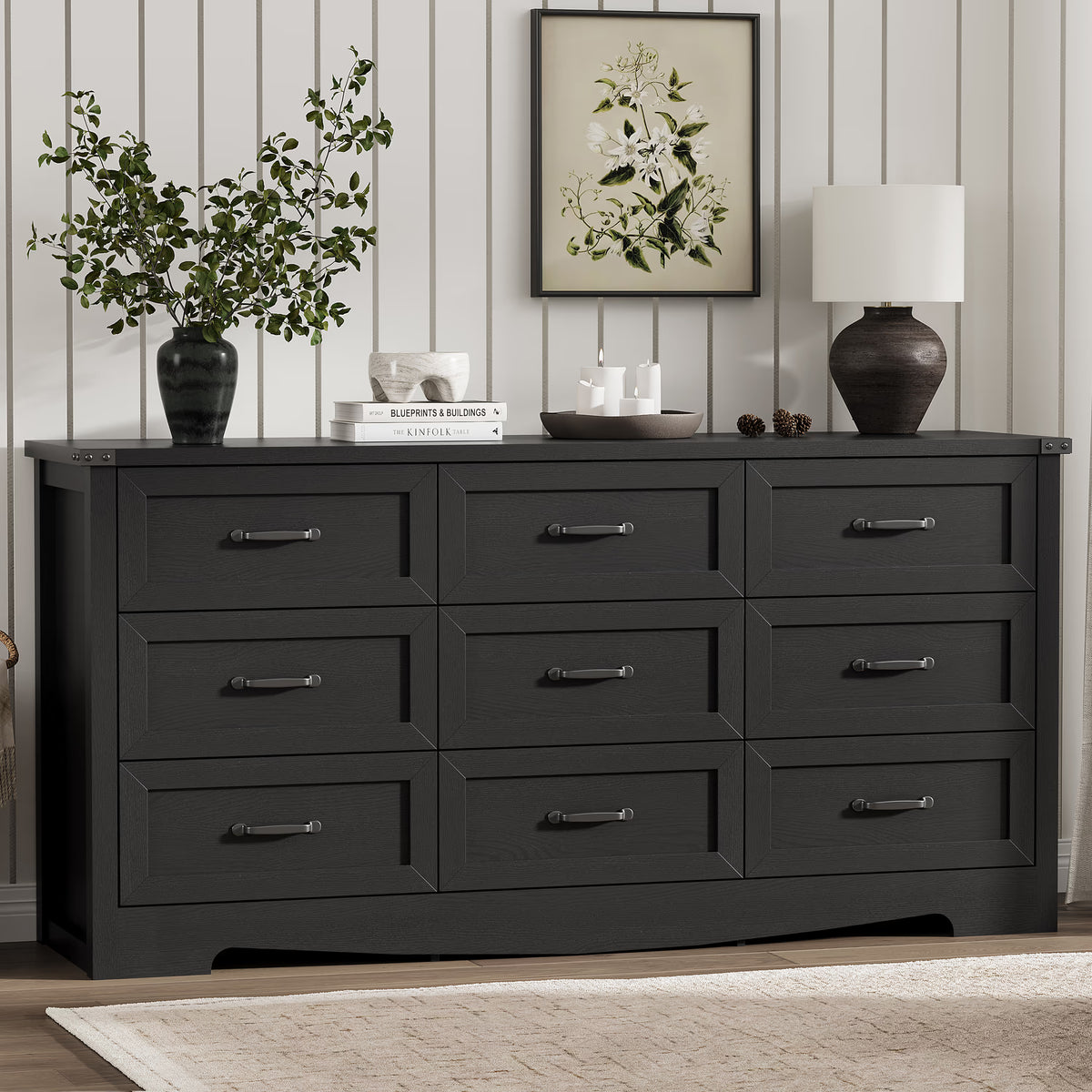 Anymaple Marlow Collection Black 9-drawer wide dresser with deep storage drawers and black metal handles, front storage view