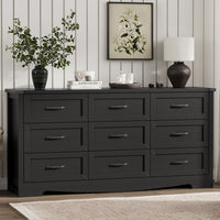Anymaple Marlow Collection Black 9-drawer wide dresser with deep storage drawers and black metal handles, front storage view
