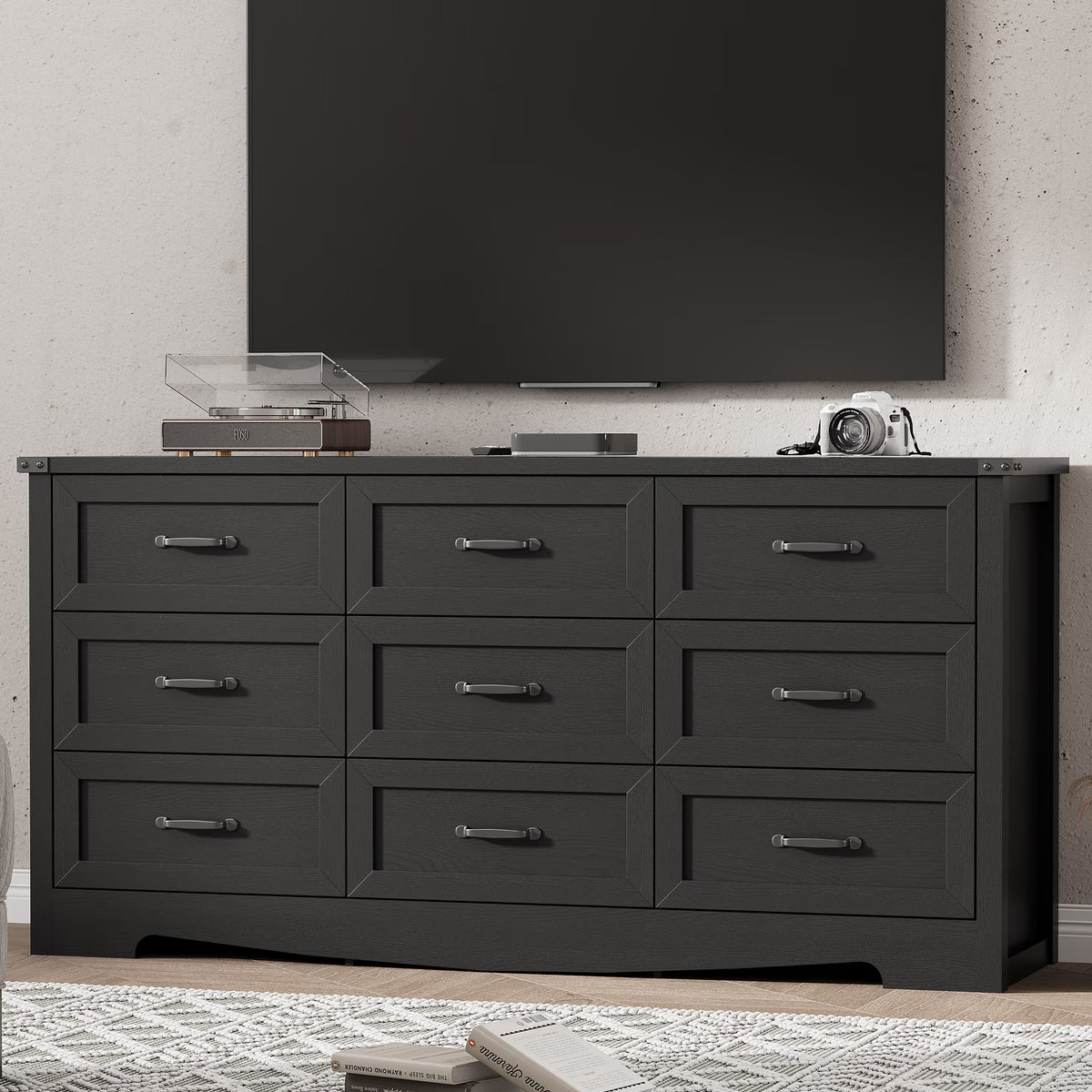 Anymaple Marlow Collection Black 9-drawer wide dresser with deep storage drawers and black metal handles, TV stand room view