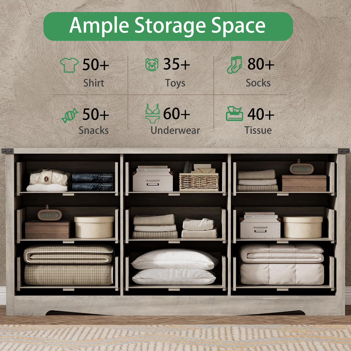 Anymaple Marlow Collection Gray Oak 9-drawer wide dresser with deep storage drawers and black metal handles, ample storage space