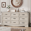 Anymaple Marlow Collection Gray Oak 9-drawer wide dresser with deep storage drawers and black metal handles, bedroom main