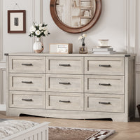 Anymaple Marlow Collection Gray Oak 9-drawer wide dresser with deep storage drawers and black metal handles, bedroom main view