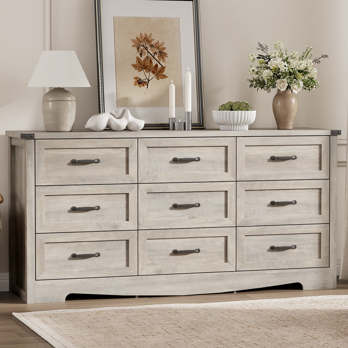 Anymaple Marlow Collection Gray Oak 9-drawer wide dresser with deep storage drawers and black metal handles, front storage view