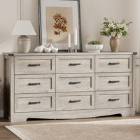 Anymaple Marlow Collection Gray Oak 9-drawer wide dresser with deep storage drawers and black metal handles, front storage view