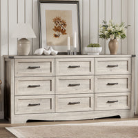 Anymaple Marlow Collection Gray Oak 9-drawer wide dresser with deep storage drawers and black metal handles, front storage view