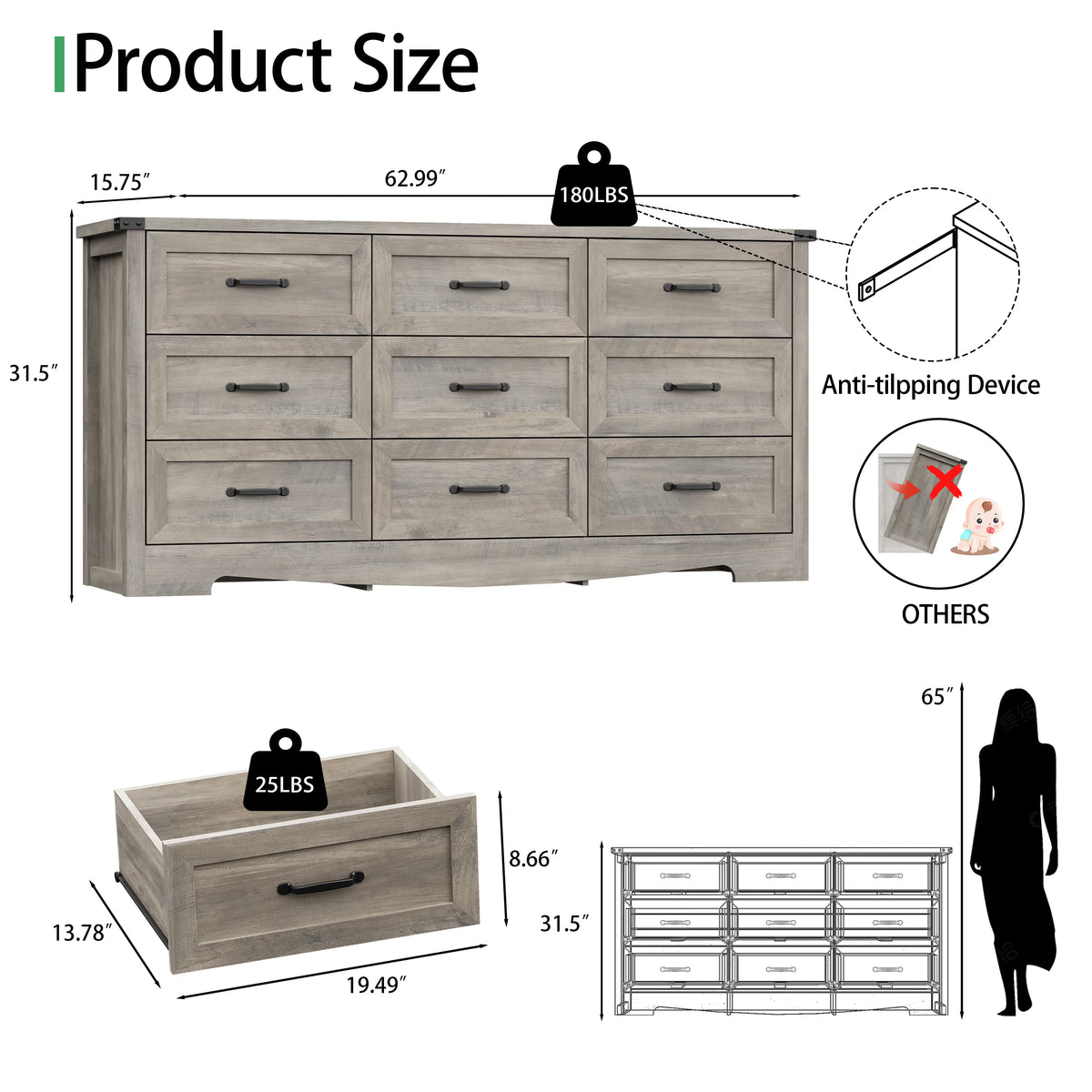 Anymaple Marlow Collection Gray Oak 9-drawer wide dresser product size dimensions, 63"W x 16"D x 32"H bedroom chest of drawers