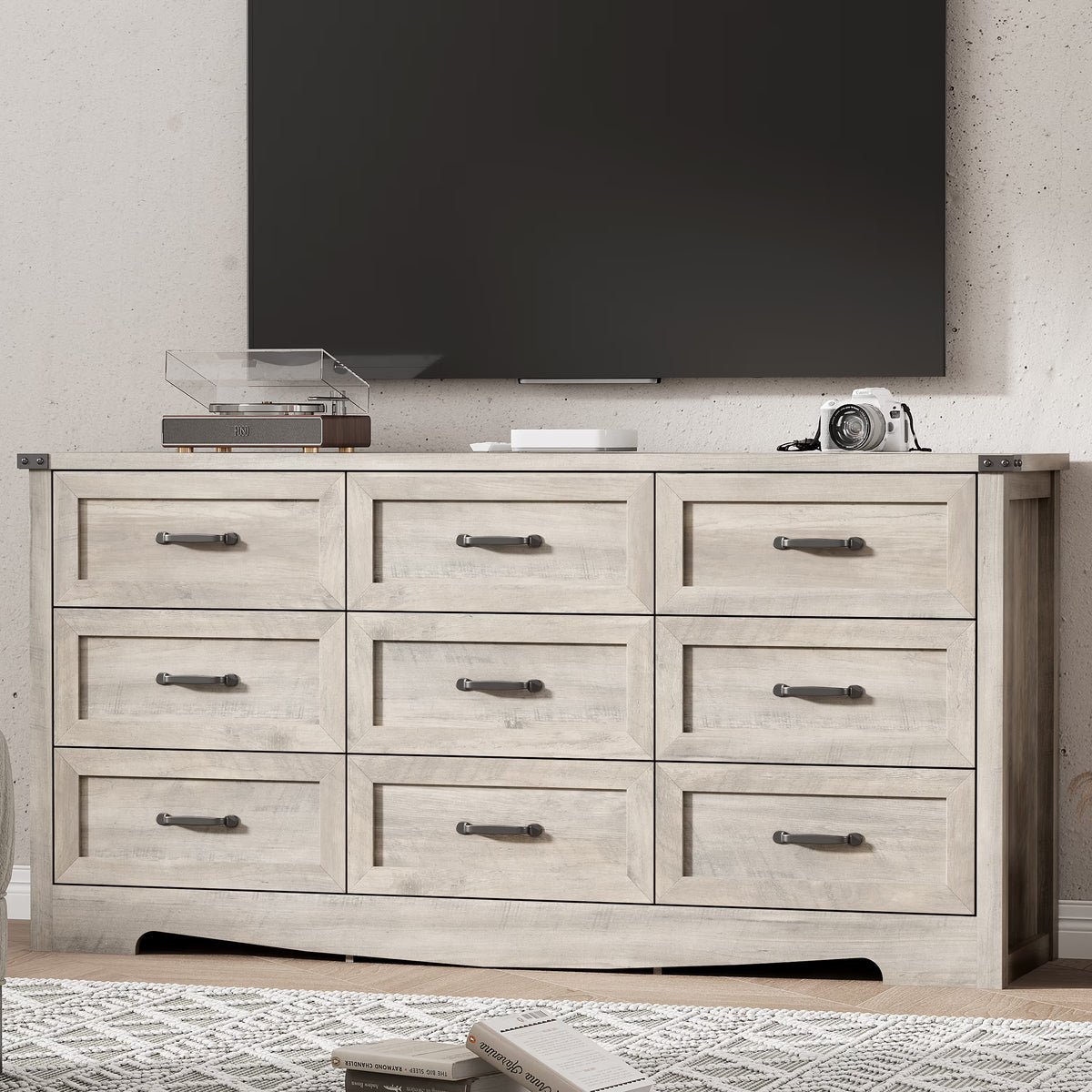 Anymaple Marlow Collection Gray Oak 9-drawer wide dresser with deep storage drawers and black metal handles, TV stand room view