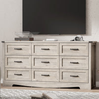 Anymaple Marlow Collection Gray Oak 9-drawer wide dresser with deep storage drawers and black metal handles, TV stand room view
