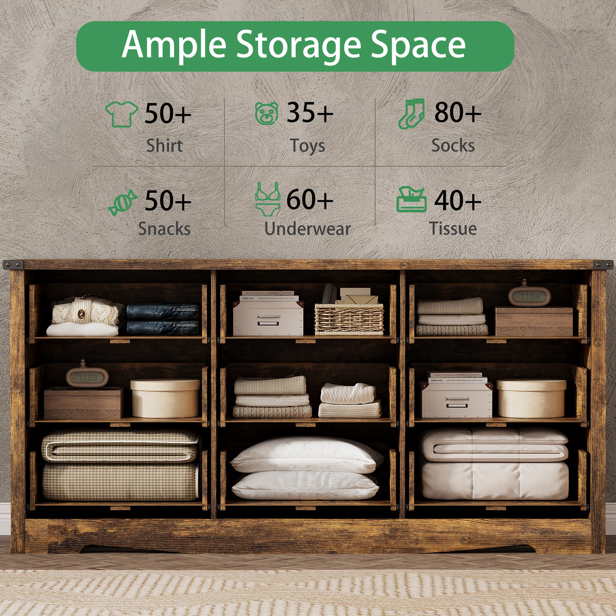 Anymaple Marlow Collection Rustic Brown 9-drawer wide dresser with deep storage drawers and black metal handles, ample storage space