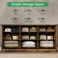 Anymaple Marlow Collection Rustic Brown 9-drawer wide dresser with deep storage drawers and black metal handles, ample storage space