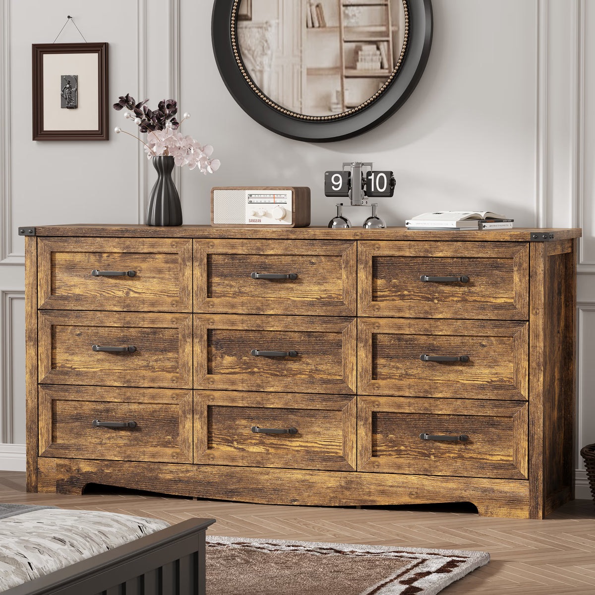 Anymaple Marlow Collection Rustic Brown 9-drawer wide dresser with deep storage drawers and black metal handles, bedroom main view