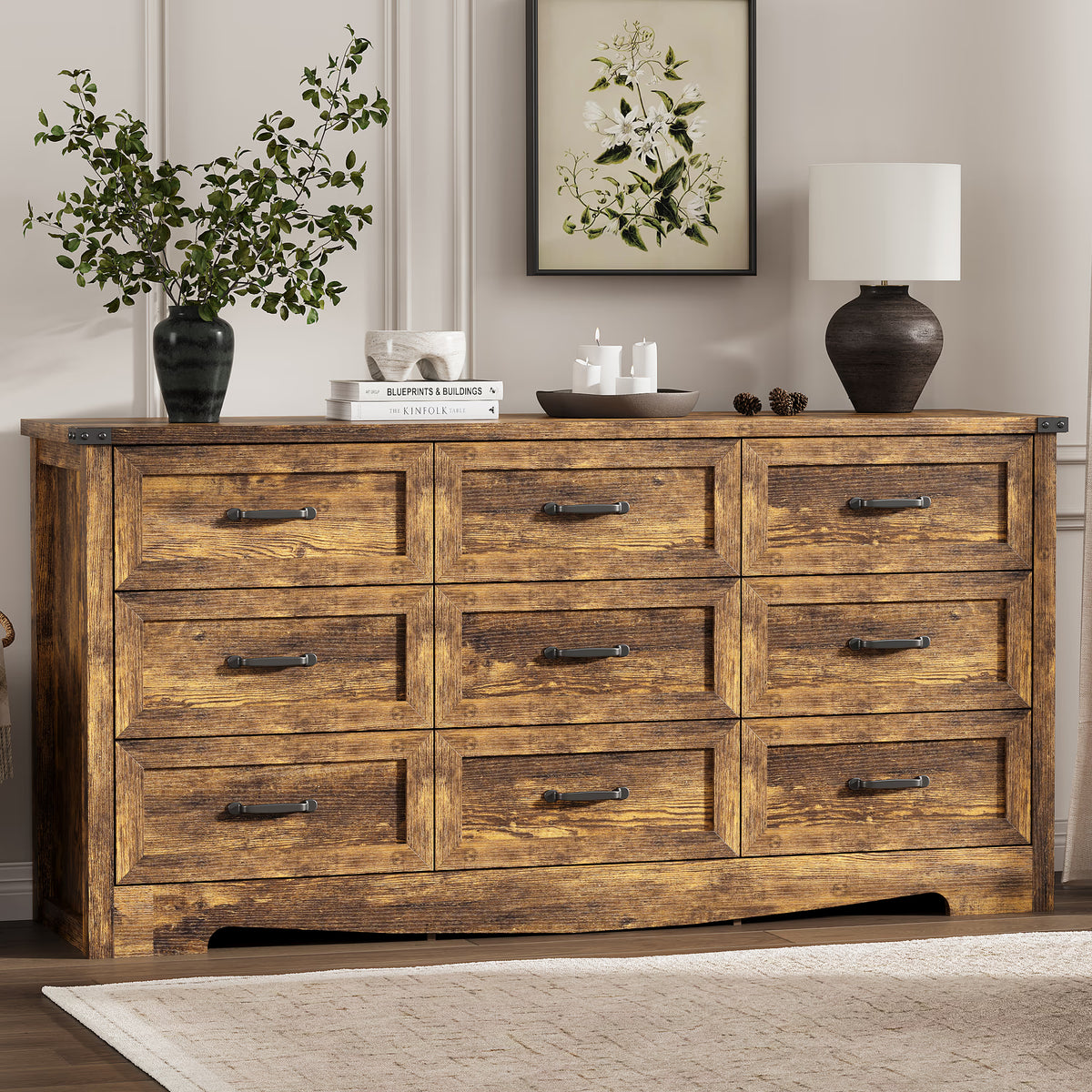 Anymaple Marlow Collection Rustic Brown 9-drawer wide dresser with deep storage drawers and black metal handles, front storage view