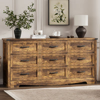 Anymaple Marlow Collection Rustic Brown 9-drawer wide dresser with deep storage drawers and black metal handles, front storage view