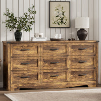 Anymaple Marlow Collection Rustic Brown 9-drawer wide dresser with deep storage drawers and black metal handles, front storage view