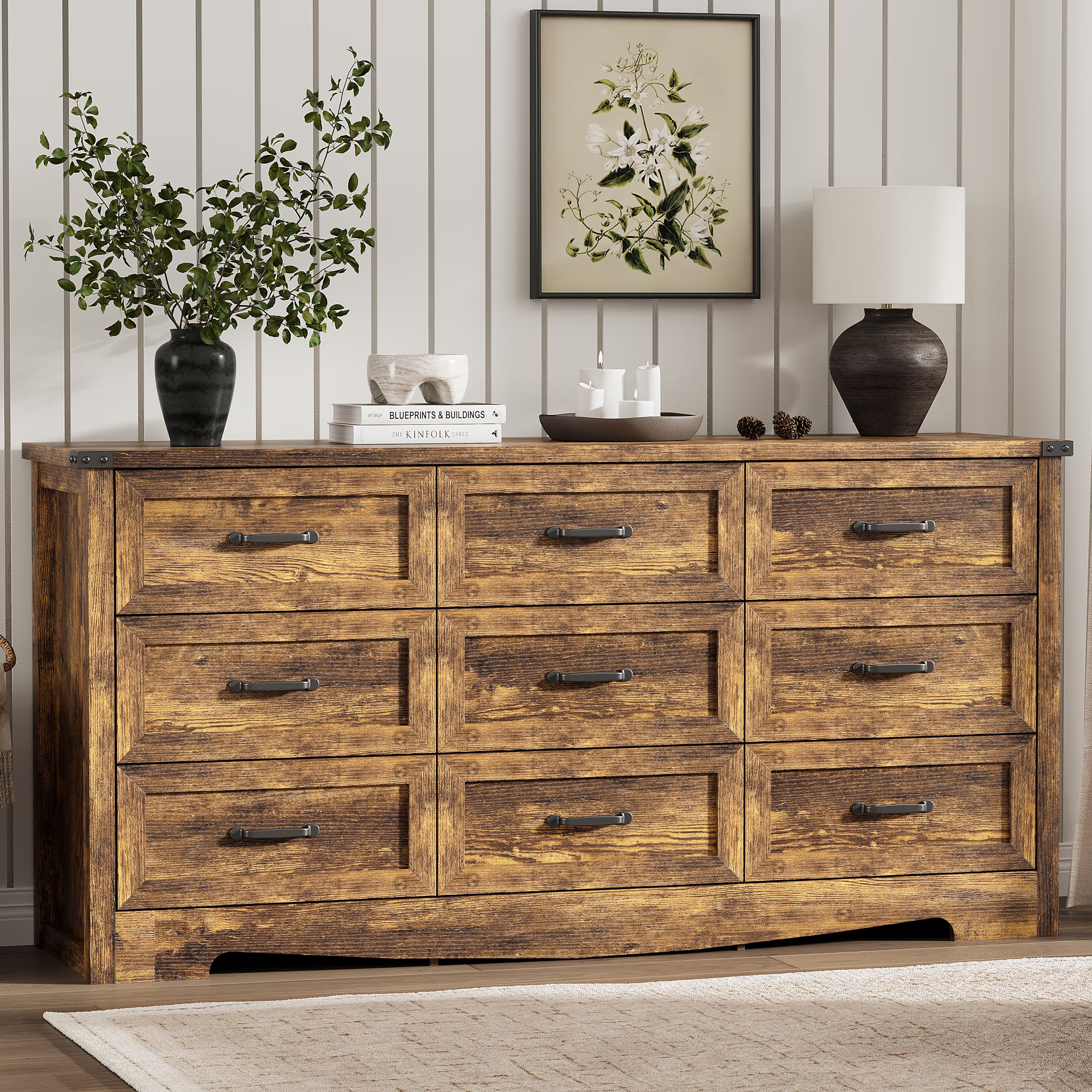 Anymaple Marlow Collection Rustic Brown 9-drawer wide dresser with deep storage drawers and black metal handles, front storage view