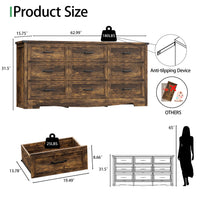 Anymaple Marlow Collection Rustic Brown 9-drawer wide dresser product size dimensions, 63"W x 16"D x 32"H bedroom chest of drawers
