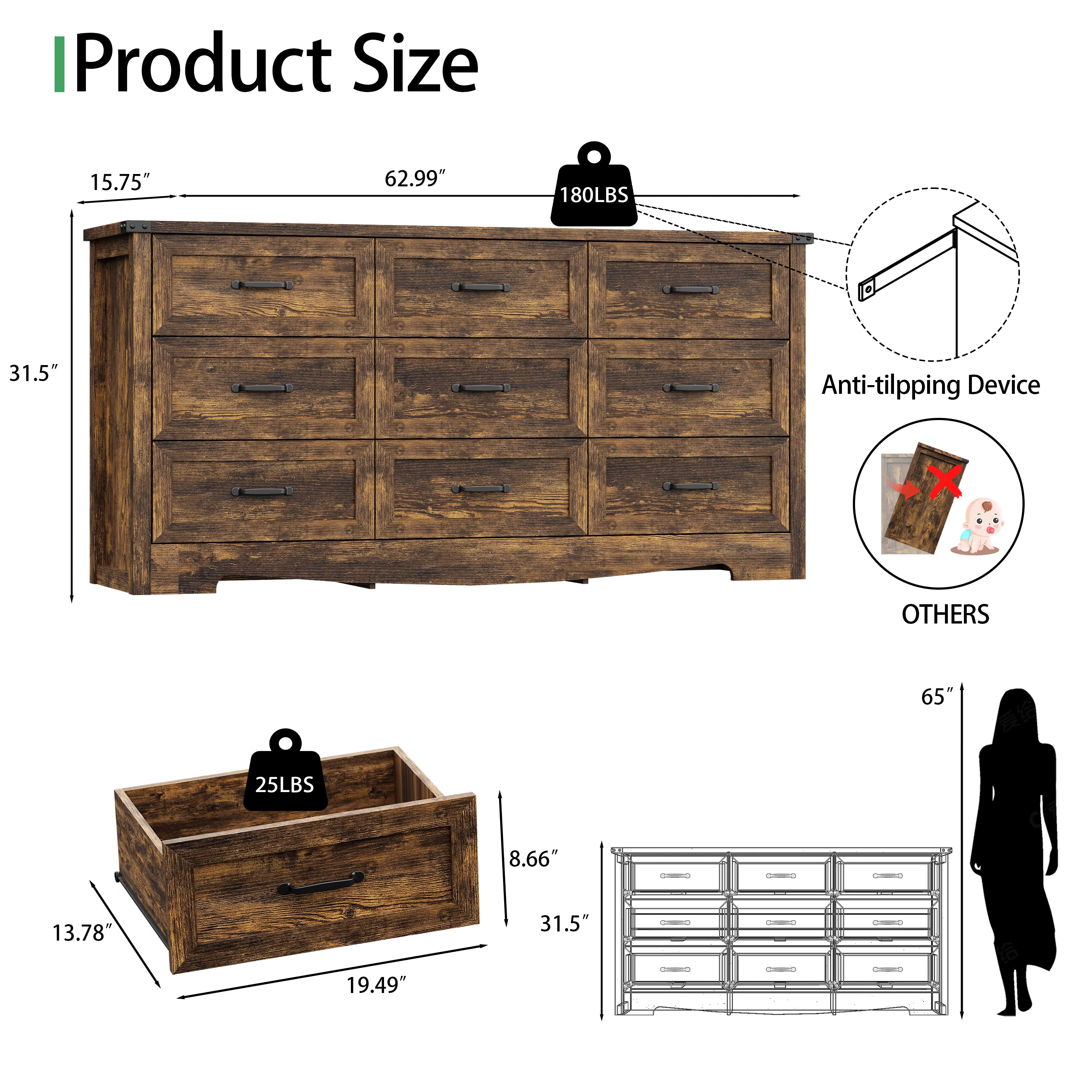 Anymaple Marlow Collection Rustic Brown 9-drawer wide dresser product size dimensions, 63"W x 16"D x 32"H bedroom chest of drawers
