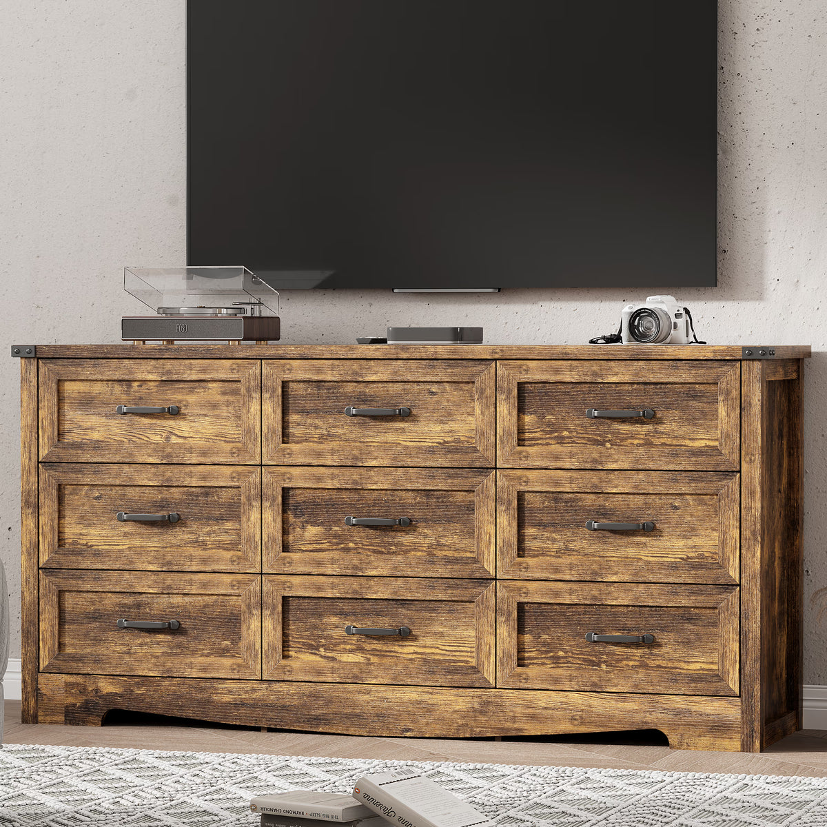 Anymaple Marlow Collection Rustic Brown 9-drawer wide dresser with deep storage drawers and black metal handles, TV stand room view