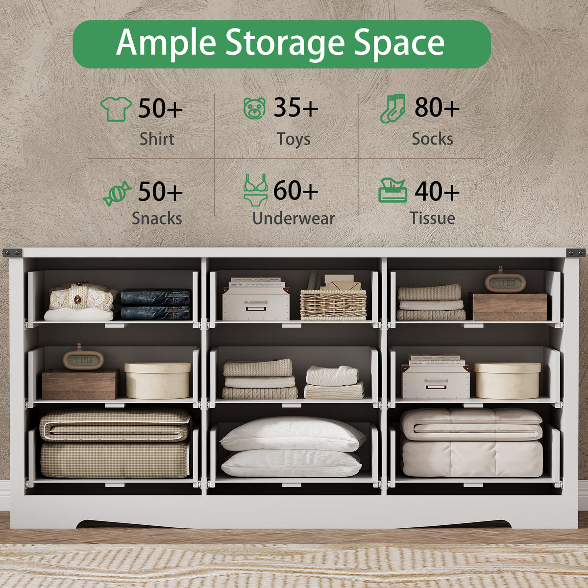 Anymaple Marlow Collection White 9-drawer wide dresser with deep storage drawers and black metal handles, ample storage space