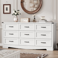 Anymaple Marlow Collection White 9-drawer wide dresser with deep storage drawers and black metal handles, bedroom main view