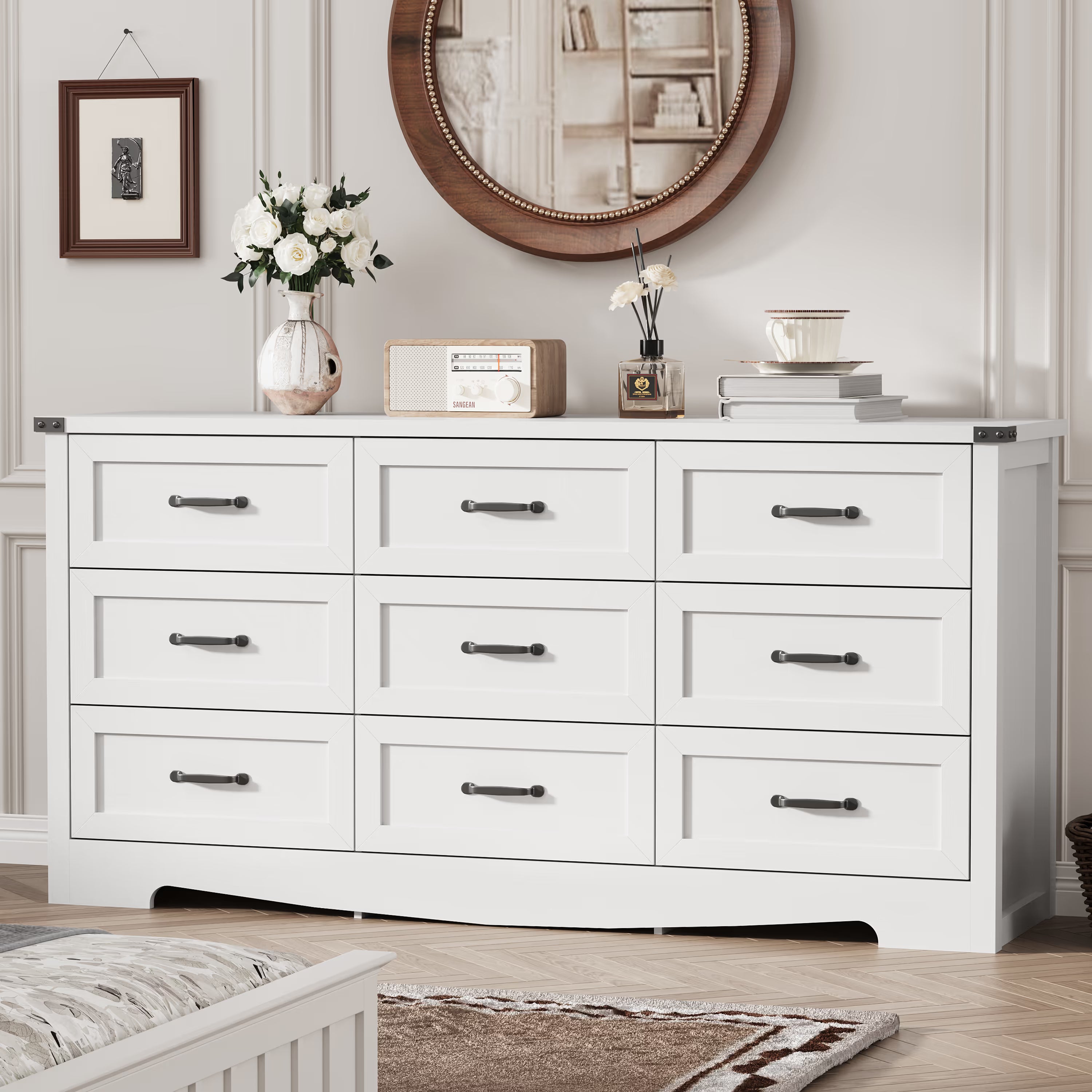 Anymaple Marlow Collection White 9-drawer wide dresser with deep storage drawers and black metal handles, bedroom main view