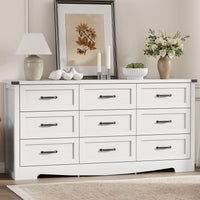 Anymaple Marlow Collection White 9-drawer wide dresser with deep storage drawers and black metal handles, front storage view