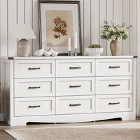 Anymaple Marlow Collection White 9-drawer wide dresser with deep storage drawers and black metal handles, front storage view