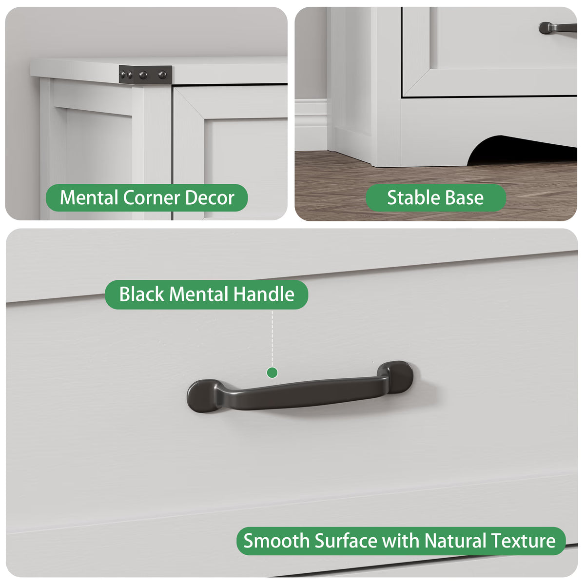 Anymaple Marlow Collection White 9-drawer wide dresser with deep storage drawers and black metal handles, metal handle and drawer detail
