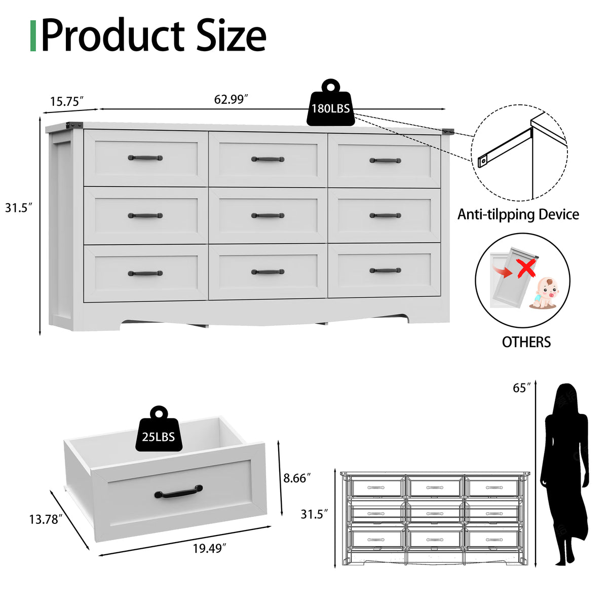 Anymaple Marlow Collection White 9-drawer wide dresser product size dimensions, 63"W x 16"D x 32"H bedroom chest of drawers