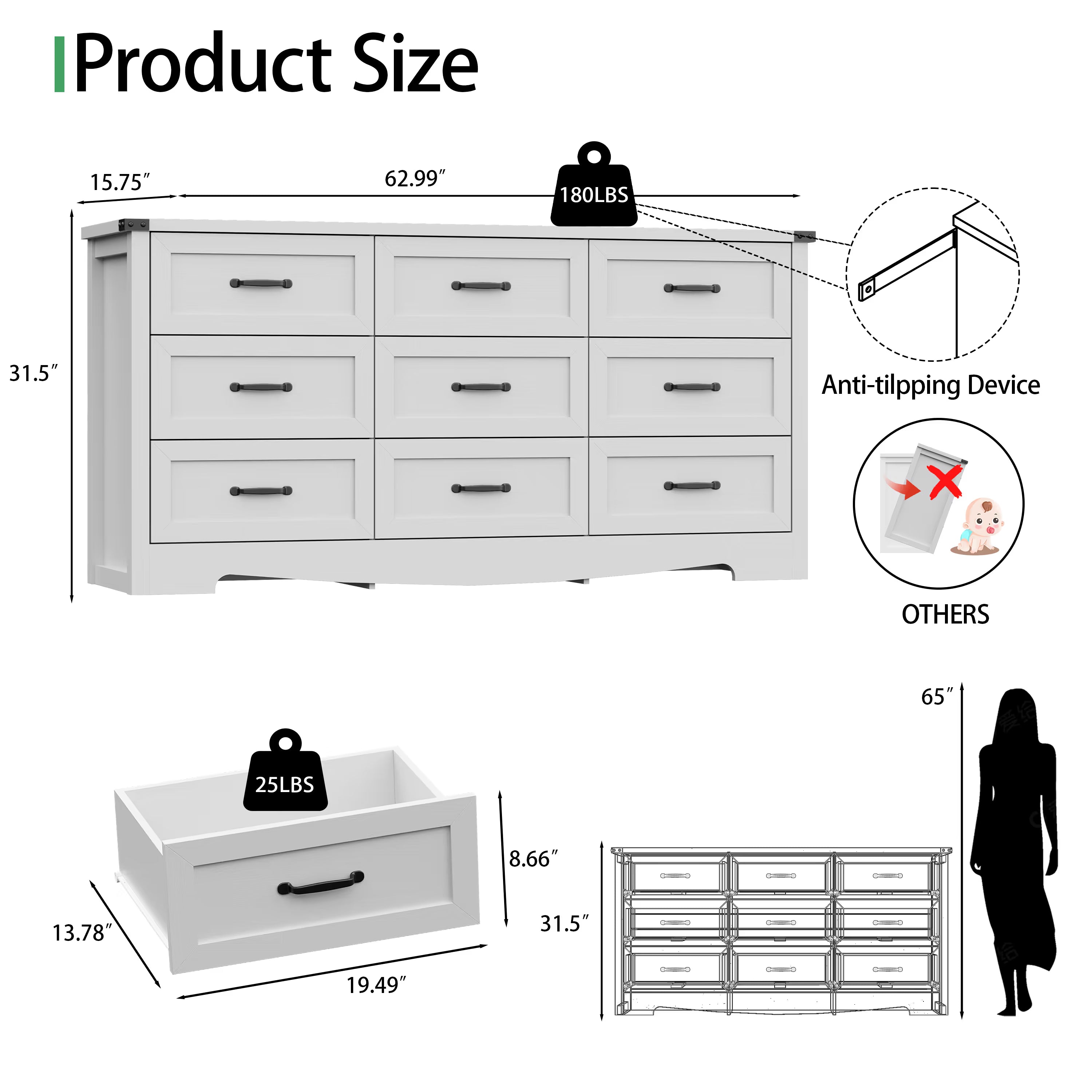 Anymaple Marlow Collection White 9-drawer wide dresser product size dimensions, 63"W x 16"D x 32"H bedroom chest of drawers