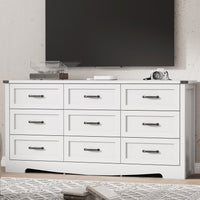 Anymaple Marlow Collection White 9-drawer wide dresser with deep storage drawers and black metal handles, TV stand room view