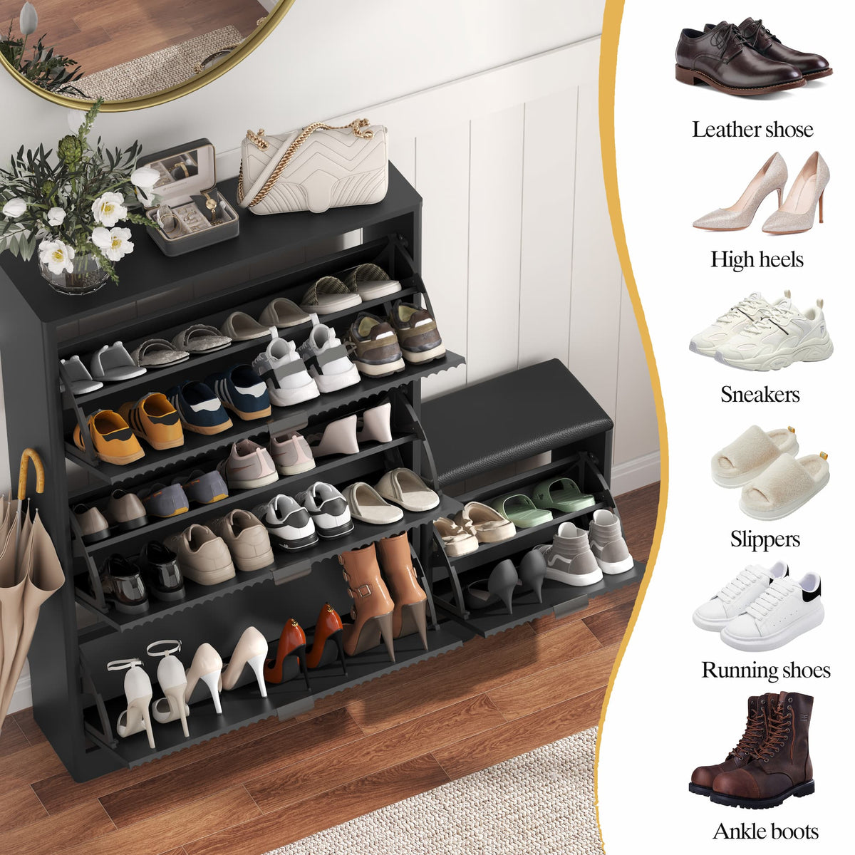 Linea Shoes Cabinet with 3 Flip Drawers & Bench