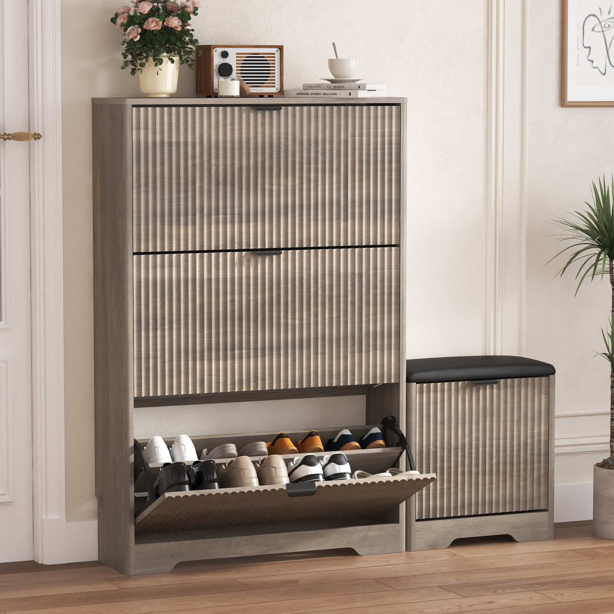 Linea Shoes Cabinet with 3 Flip Drawers & Bench
