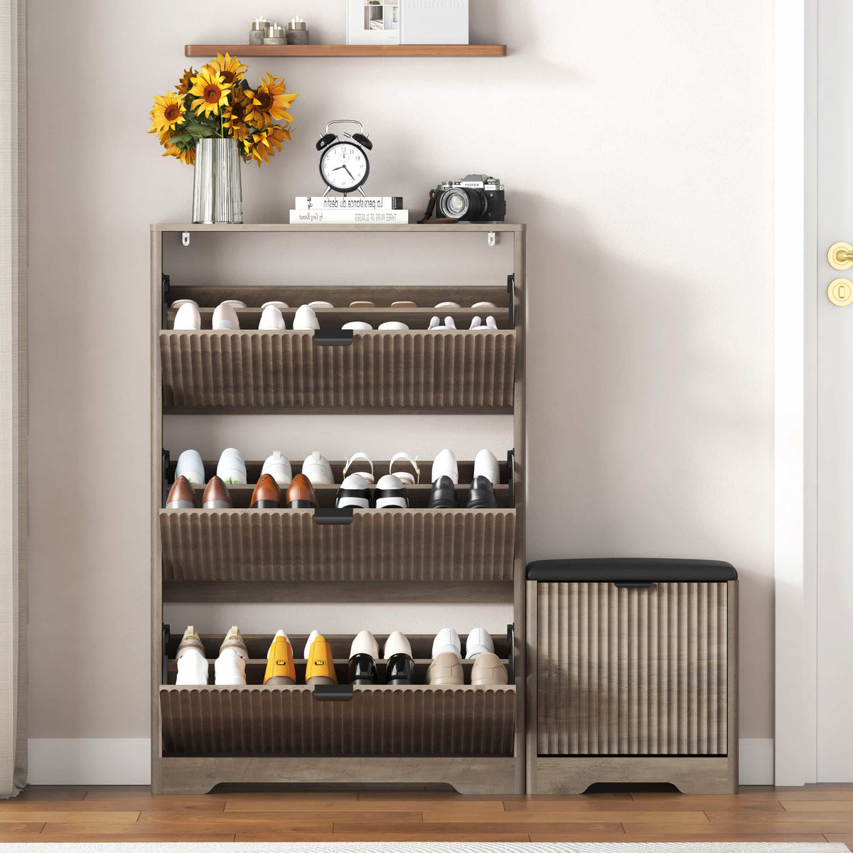 Linea Shoes Cabinet with 3 Flip Drawers & Bench