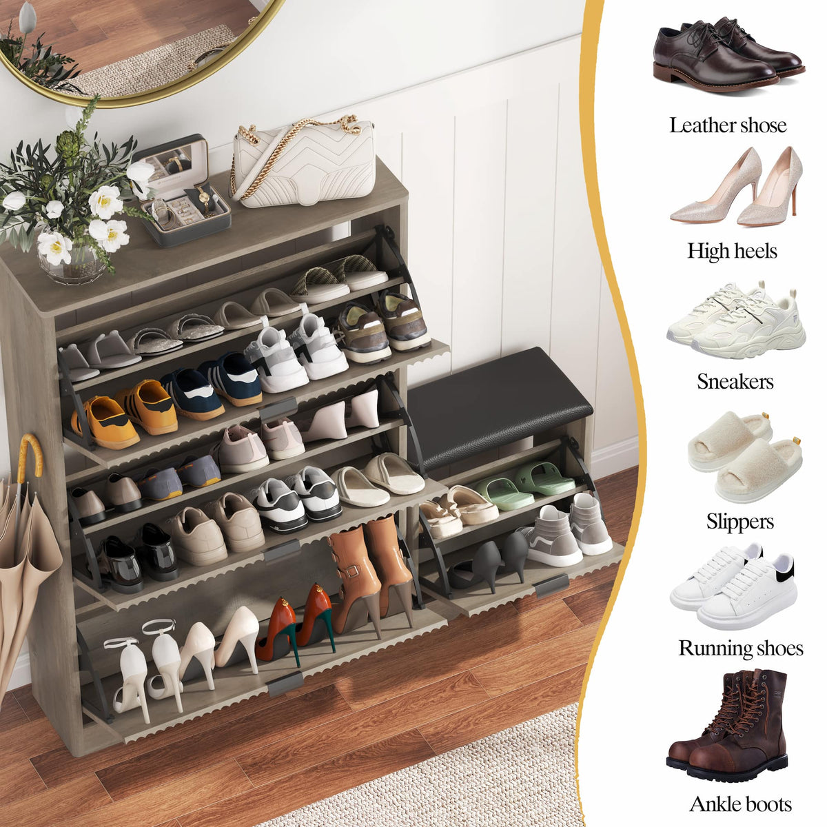 Linea Shoes Cabinet with 3 Flip Drawers & Bench