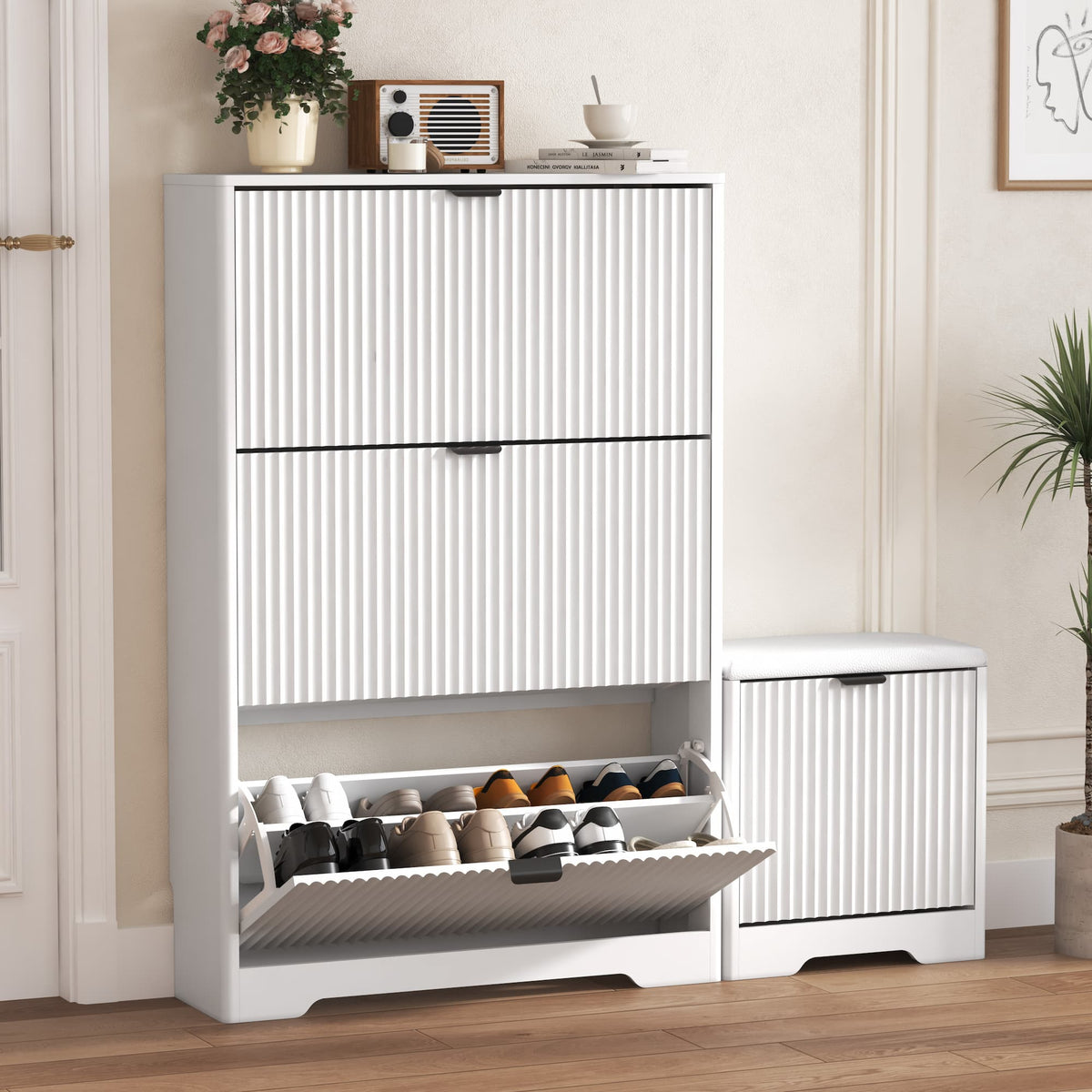 Linea Shoes Cabinet with 3 Flip Drawers & Bench
