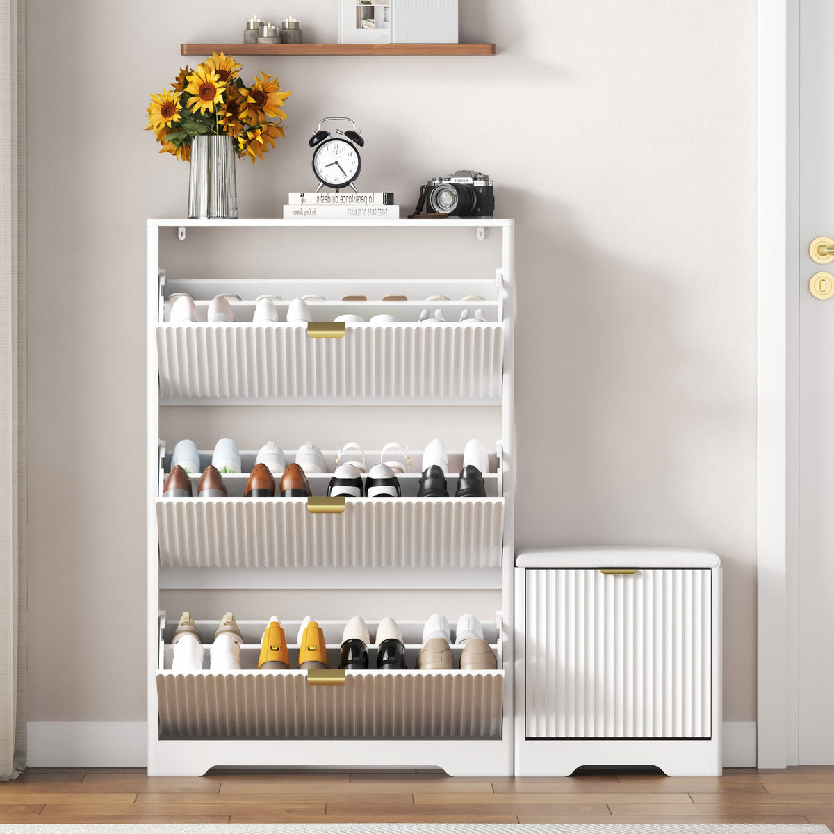 Linea Shoes Cabinet with 3 Flip Drawers & Bench