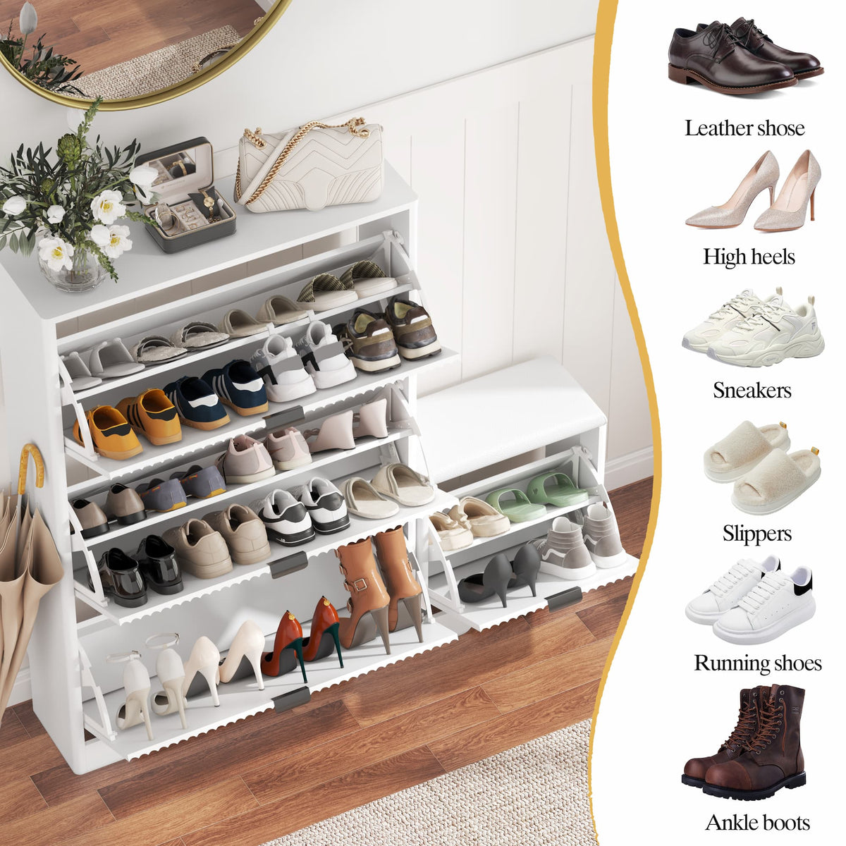 Linea Shoes Cabinet with 3 Flip Drawers & Bench
