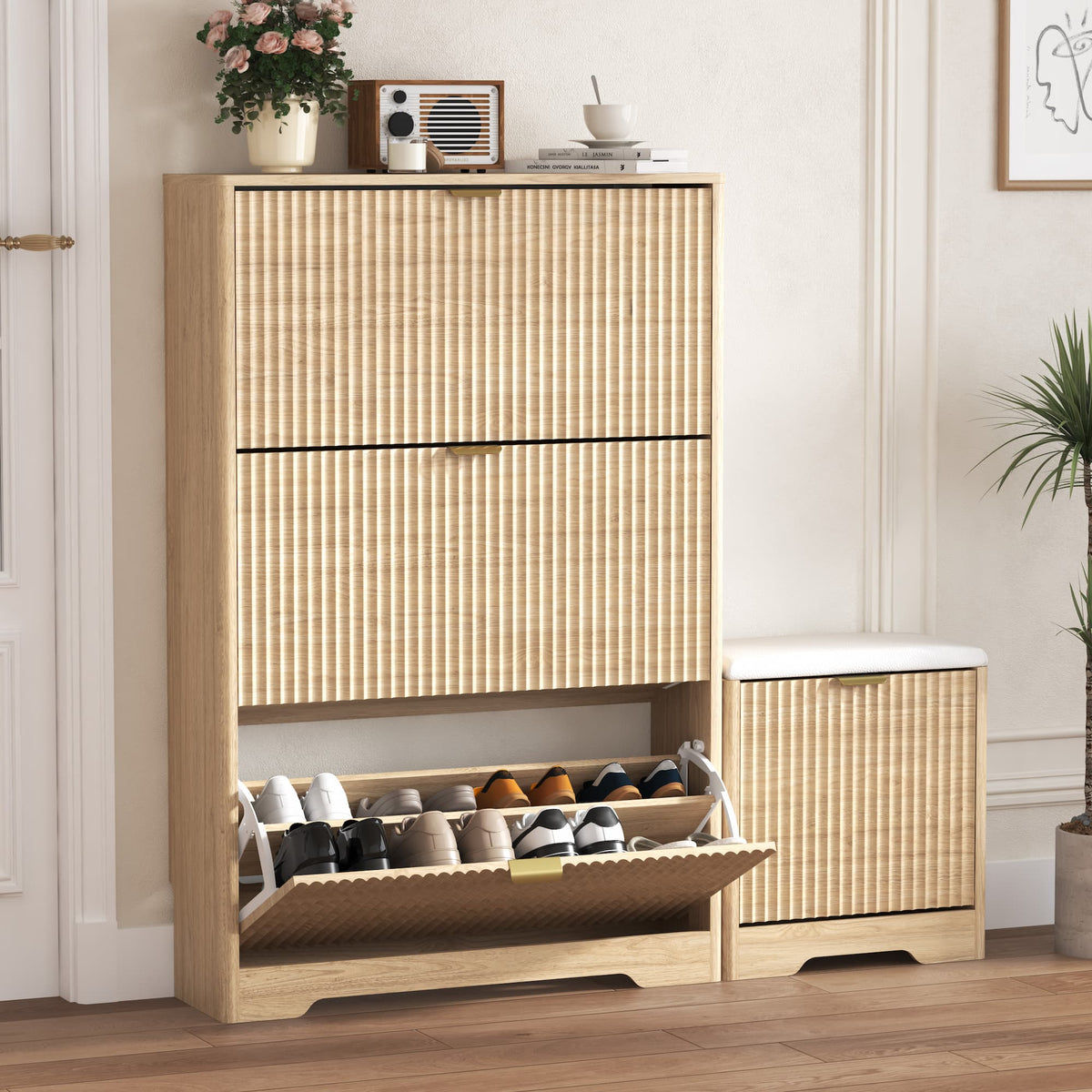 Linea Shoes Cabinet with 3 Flip Drawers & Bench