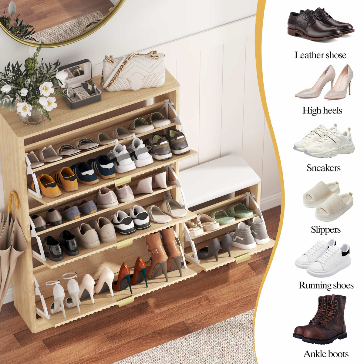 Linea Shoes Cabinet with 3 Flip Drawers & Bench