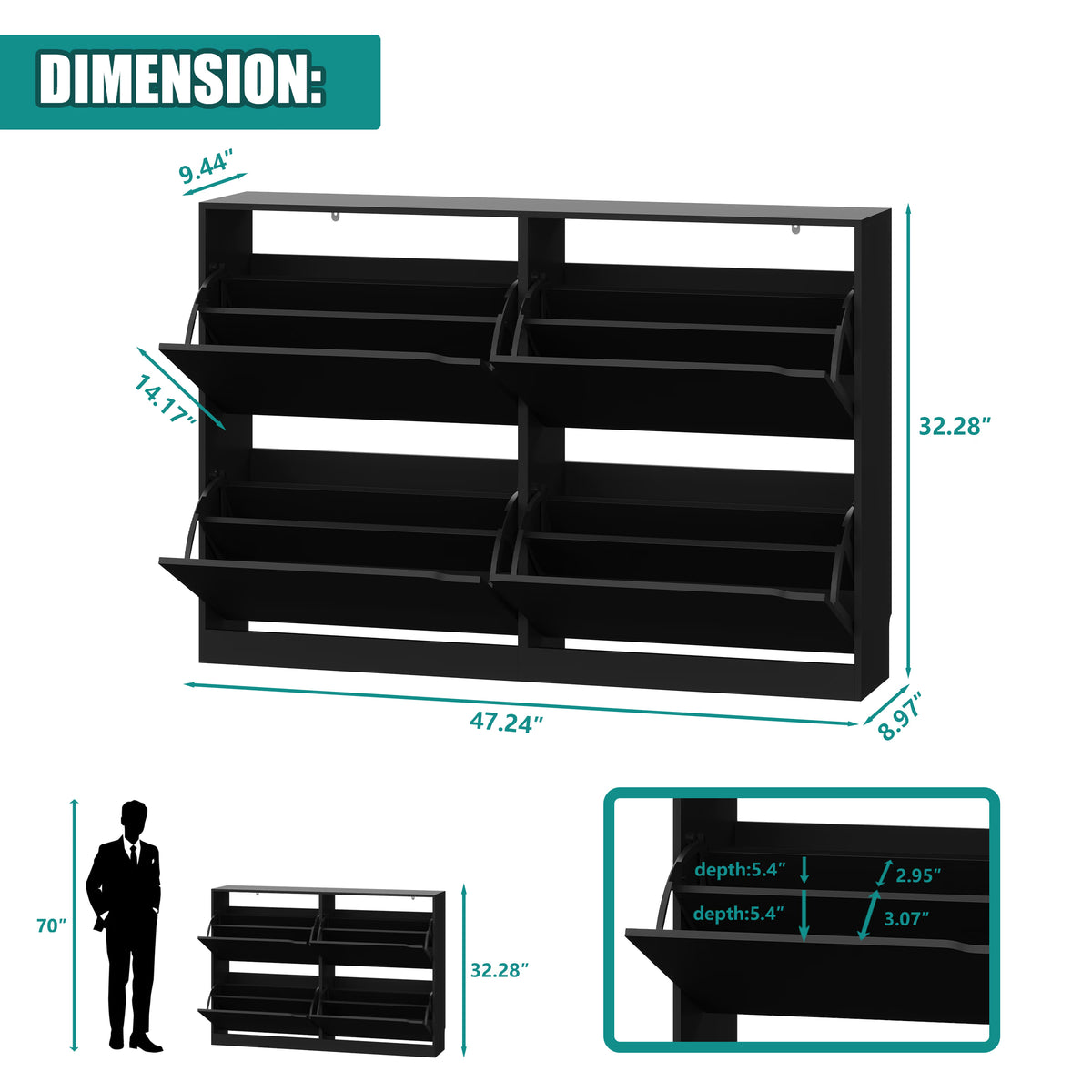 Anymaple Crestline Black 4-door shoe cabinet, shoe cabinet dimensions for slim hallway and foyer placement