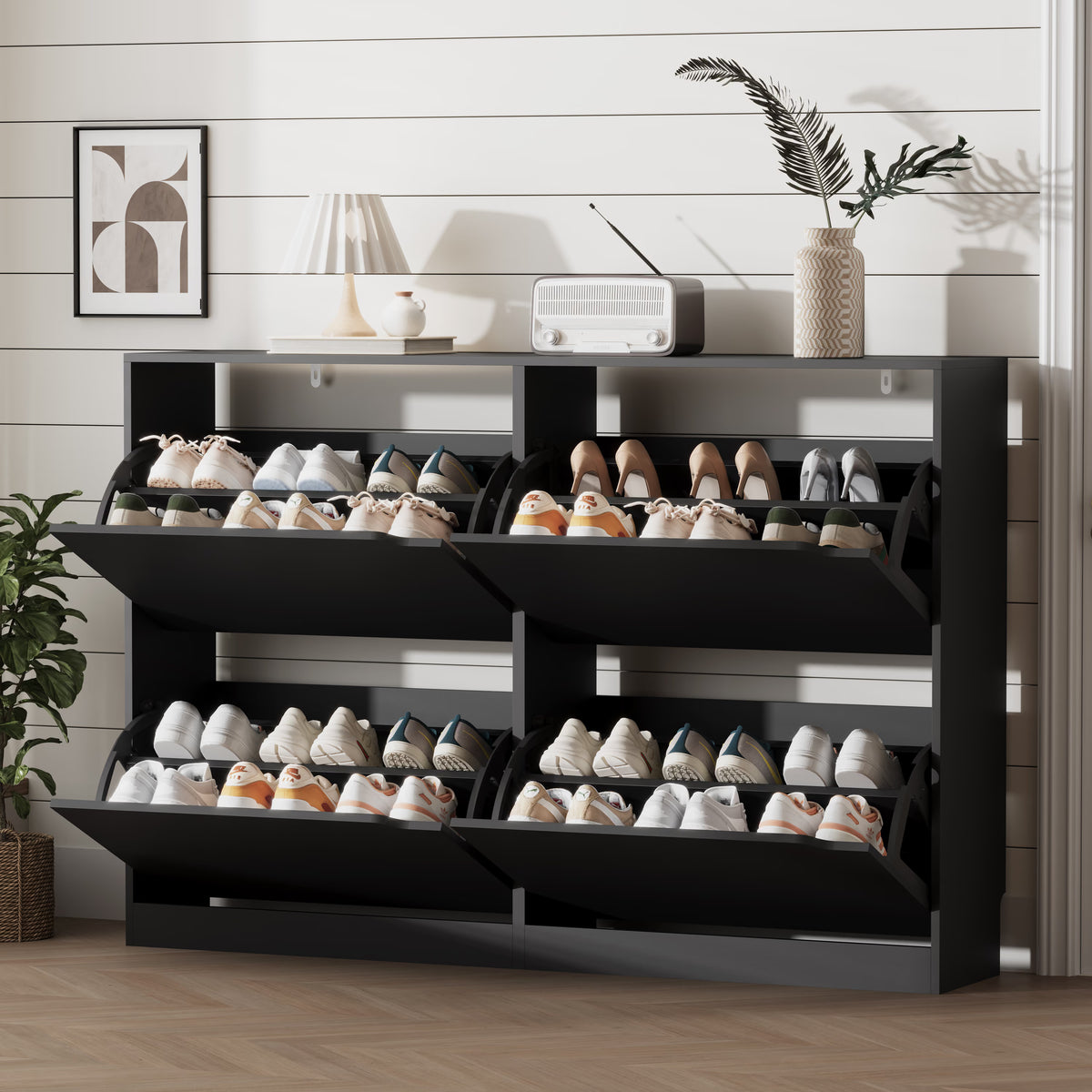 Anymaple Crestline Black 4-door shoe cabinet, 4-door shoe cabinet for entryway with concealed flip drawer storage